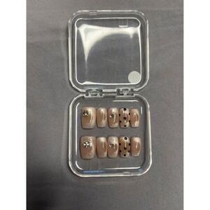 Press On Nails Tan Rhinestone Accent Black Dots Manicure False Nail Set